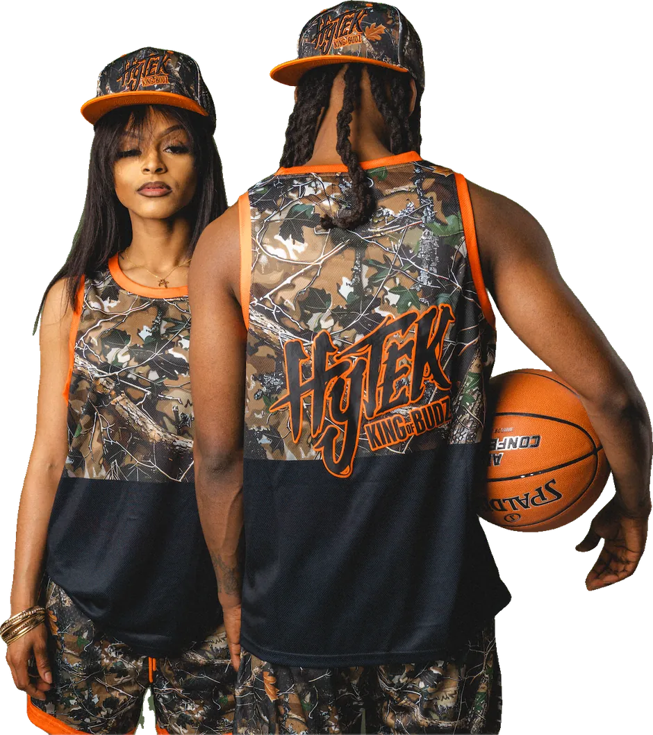 Two models in the King of Budz HyTEK camo jersey, shorts, and fitted cap